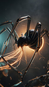 Obsidian glass spider spins glowing golden web beneath a Halloween full moon