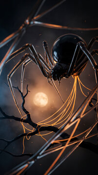 Obsidian glass spider weaves golden web around bare branch under Halloween moon