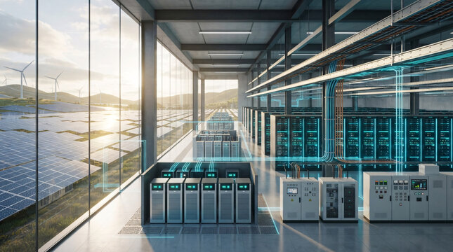 Sustainable Green Data Center with Server Racks Powered by Solar Panels and Wind Turbines at Sunset