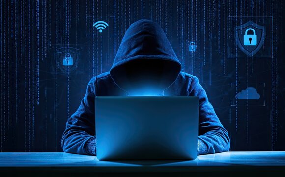 Hooded figure at laptop with glowing screen, digital security icons