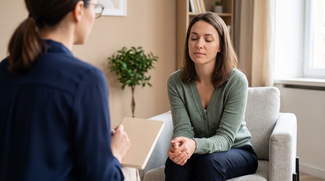 Psychologische Beratung. Traurige junge Patientin mit geschlossenen Augen teilt ihre Probleme in einer Therapie-Sitzung, w&auml;hrend die Therapeutin Notizen macht.