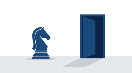 Blue chess knight standing before an open door representing strategic business opportunity. © Shodaime
