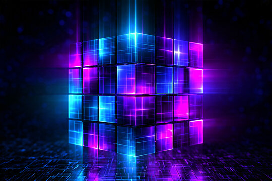 Sci-fi cube megastructure with floating 3D blocks and radiant digital energy lines