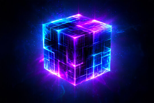 Sci-fi cube megastructure with floating 3D blocks and radiant digital energy lines