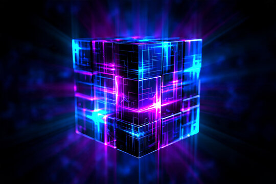 Sci-fi cube megastructure with floating 3D blocks and radiant digital energy lines