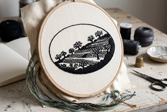 Embroidery landscape in hoop with black thread on craft workspace