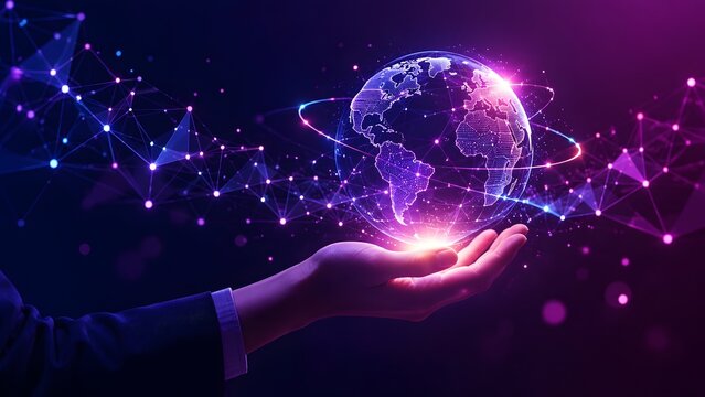 Businessman holding a glowing digital globe representing global network connectivity and technology