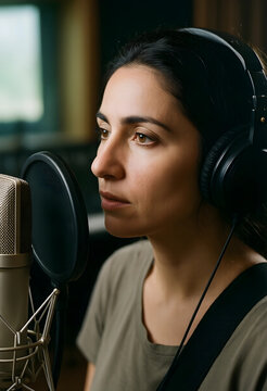 Podcast production and audio recording, woman speaking into a professional microphone with headphones in a sound studio for voiceover and music creation