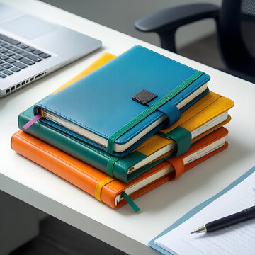 Productivity and organization, stack of colorful leather journals on office desk with laptop for business planning and creative writing in modern workspace