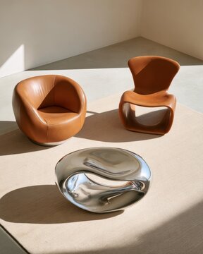 Contemporary lounge interior with sculptural chrome coffee table and leather chairs for furniture catalog advertising and design background