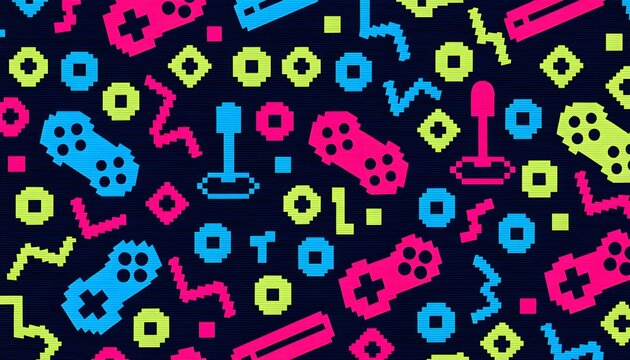 Nostalgic 80s arcade game pixel art vector pattern background. Classic 8-bit video game controller illustration for technology blog, web banner, and event flyer.