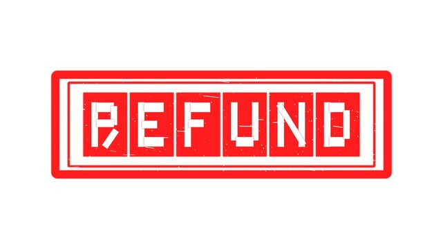 Red rubber stamp imprinting the word refund with glitch effects on white background, red stamp