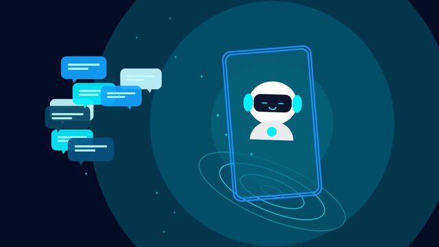 Ai chatbot assistant on smartphone screen with floating message bubbles animating in digital tech background