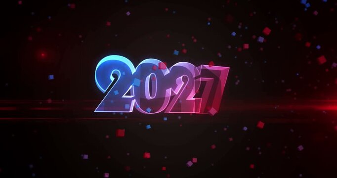 2027 new year symbol digital abstract concept holographic glass. Cyber technology and computer background 3d object.