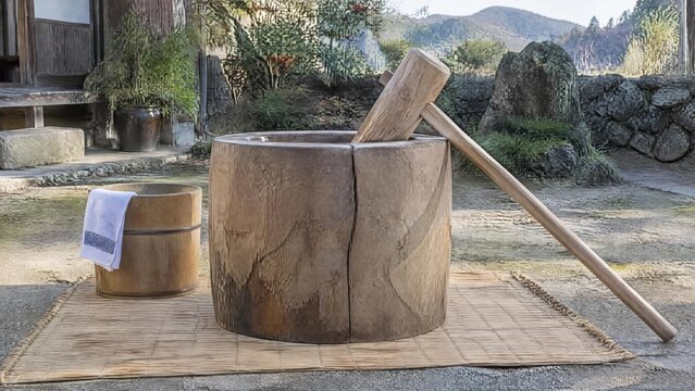 Mochi Pounding Mortar and Mallet in a Japanese Farmyard