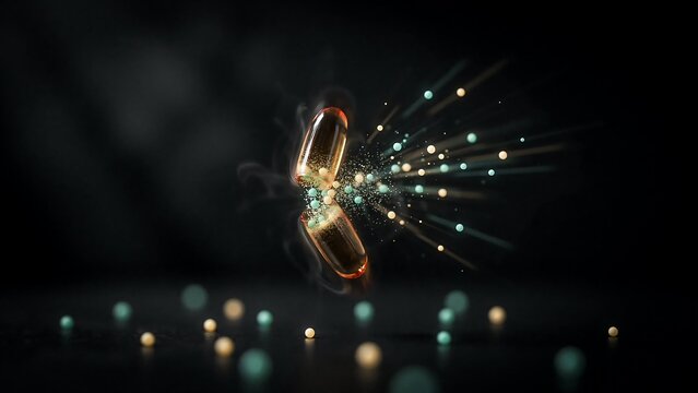 Futuristic capsule burst releasing glowing particles, abstract pill opening with energy light sparks, pharmaceutical and healthcare science concept