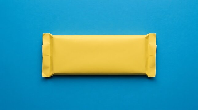 Chocolate bar mockup on blue background. Blank yellow candy wrapper