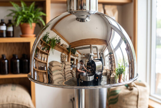 Coffee roastery interior with shiny industrial roaster and worker