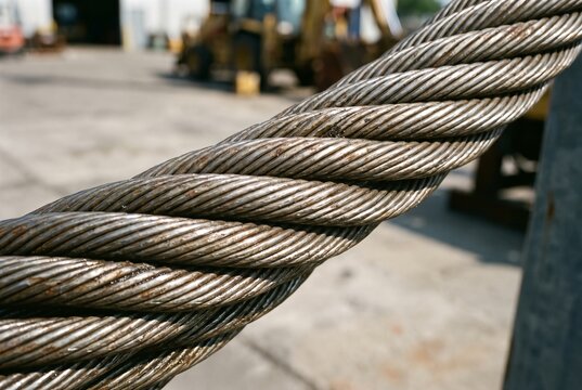 Close up of heavy duty steel wire rope cable. Twisted metallic strands on an outdoor industrial site