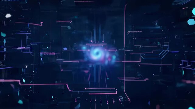 A luminous digital vortex moves through futuristic circuit networks, creating a cyberspace portal and visualizing data flow, artificial intelligence