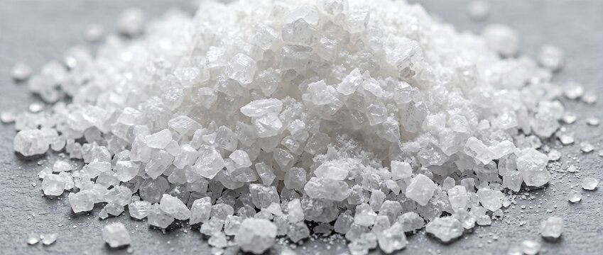 Heap of coarse white table salt crystals on dark surface. Close-up of coarse sea salt granules