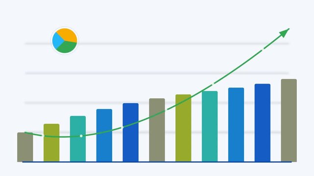 Business growth chart animation with rising bar graph and upward trending arrow for financial success and corporate data analysis