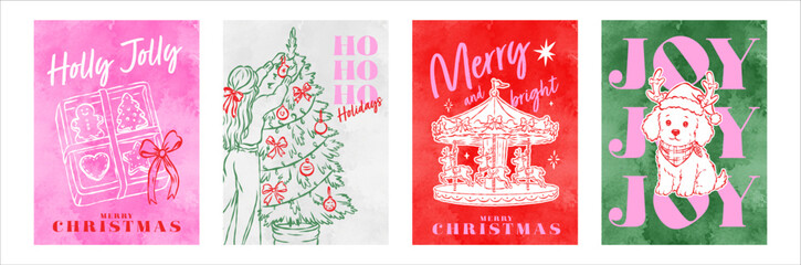Fototapeta premium Christmas greeting card collection with hand drawn watercolor illustrations. Retro holiday posters with gifts, Christmas tree, carousel, festive dog and joyful typography