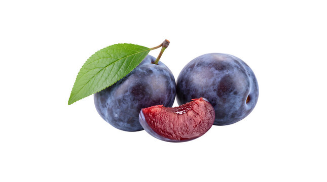Fresh plums with leaf and a halved plum on white background