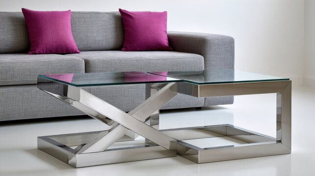 Contemporary living room interior with grey sofa magenta cushions and glass chrome coffee table for modern decor and interior design background