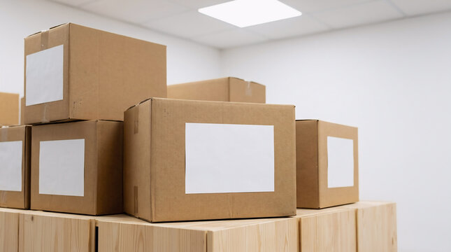 Stack of brown cardboard boxes with empty white labels in a warehouse