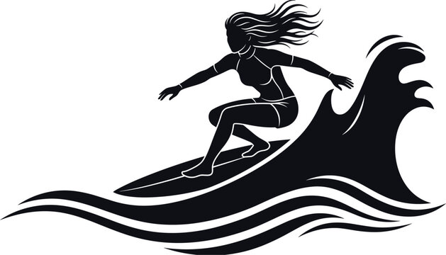 Female surfer riding a large ocean wave silhouette isolated on transparent background