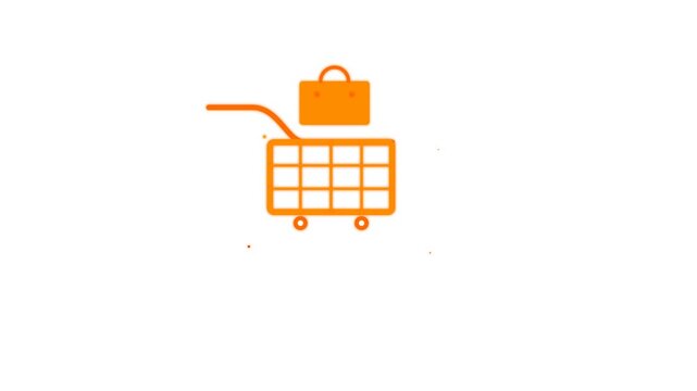 Orange shopping cart and bag icon animation on white background, e-commerce and retail concept motion