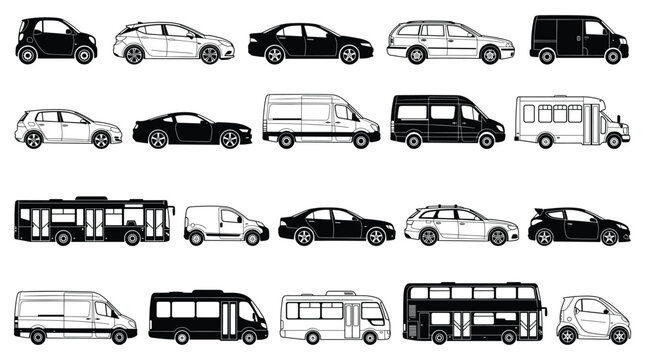 Collection of various vehicle silhouettes in black and white line art style