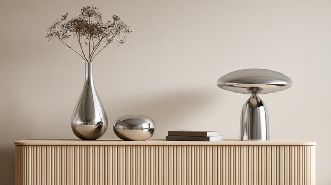 Minimal metallic vase lamp composition on wooden cabinet in neutral interior for modern decor background and room styling