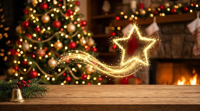 The Image Shows A Wooden Table With A Christmas Tree In The Background The