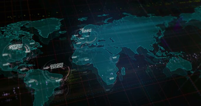 2027 new year symbols over world map. Seamless looped technology concept.