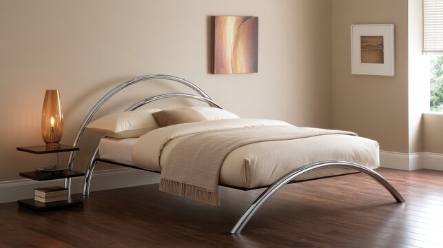 Contemporary beige bedroom with chrome curved bed frame, warm amber lamp and textured throw for interior design, hotel decor and lifestyle background