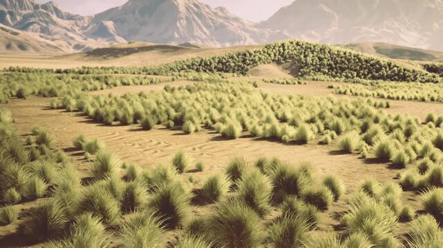 scientific transect across drought prone shrubland, marked stakes and sample plots, pale grasses, rough soil, researchers measuring soil moisture, methodical