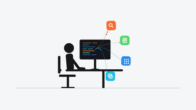 Animated programmer coding at computer with connecting software icons and data flow infographics developer