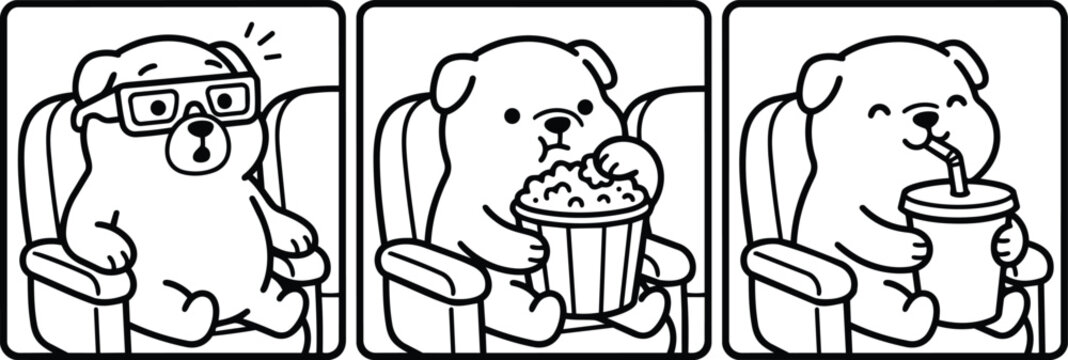 Black and white cartoon bears watching movies with popcorn and soda in three panel cinema scene