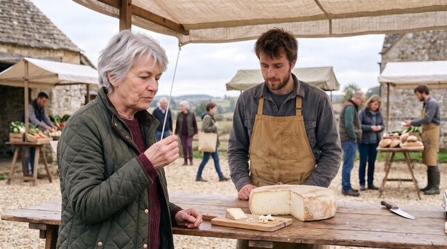 Senior woman tasting a cheese sample offered by a cheesemonger at an outdoor market stall