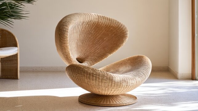 Sunlit sculptural rattan chair in airy neutral interior for interior design background, decor poster and sustainable lifestyle branding