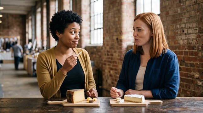 Two women friends tasting cheese samples together at an indoor food market