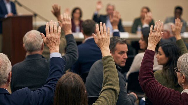 Community Members Raising Hands to Vote During Public Council Meeting and Local Government Civic Participation Discussion