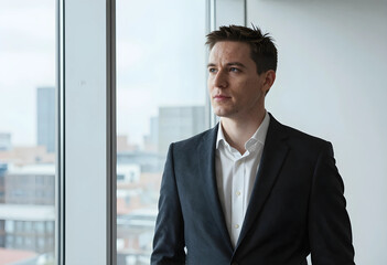 Fototapeta premium Career ambition and corporate leadership, young businessman looking out of office window with thoughtful expression for professional growth and strategy