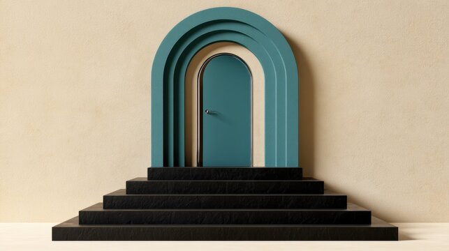 Minimal arch doorway entrance interior on black steps for architectural design poster background modern concept