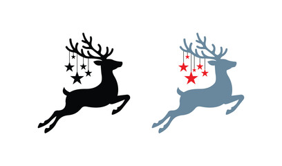 Set of two jumping reindeer silhouettes with hanging stars, festive christmas design elements vector © Naim01