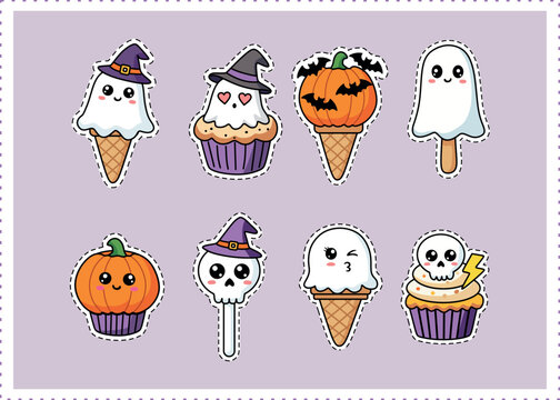 Set of eight cute Halloween stickers with kawaii ghost ice cream, pumpkin cupcakes, skull lollipops. Dashed outline vector art on purple background, festive design elements for party decoration crafts