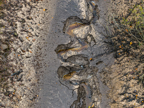 Aerial view of a winding stream bed with dark mud, rocky formations, and sparse vegetation in Latvia.