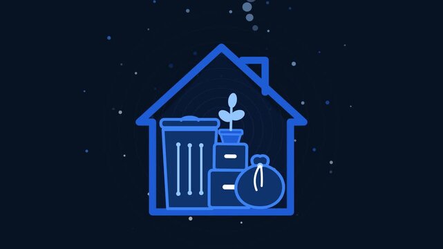 Blue house outline with stored moving boxes, trash can, and plant animation background, house icon home storage